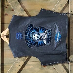 MOTO IRON HORSE BLESSED BIKER LEATHER VEST SIZE 5XL BLACK  LACED CHRISTIAN JESUS